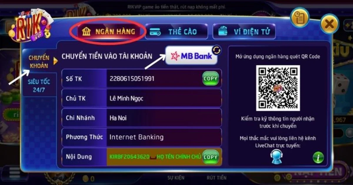 Nạp tiền vào tài khoản cược thông qua ngân hàng